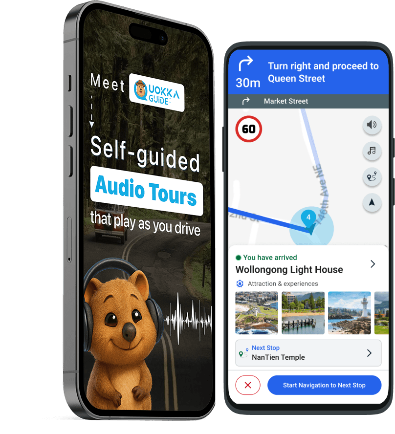 QuokkaGuide self-guided audio driving tour app showing a GPS-triggered NSW route on iPhone